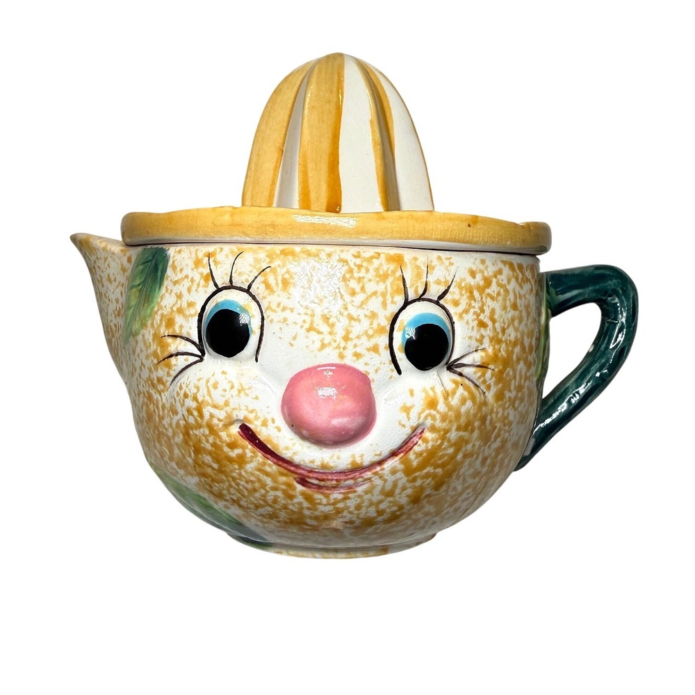 Vintage Anthropomorphic Lemon Head Citrus‎ Juicer Pitcher 2 Pc Set 1950s Kitsch